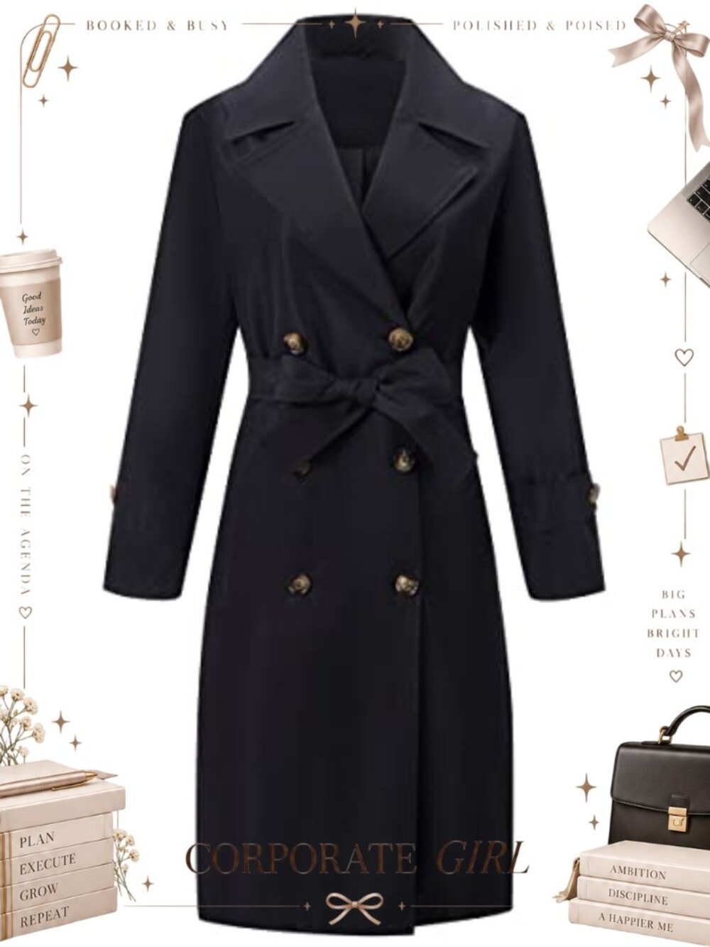 RISISSIDA Women Double-Breasted Water Resistant Trench Coat